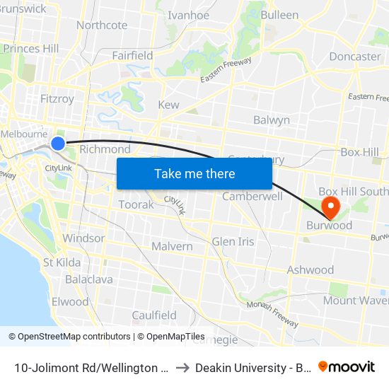 10-Jolimont Rd/Wellington Pde (East Melbourne) to Deakin University - Burwood Campus map