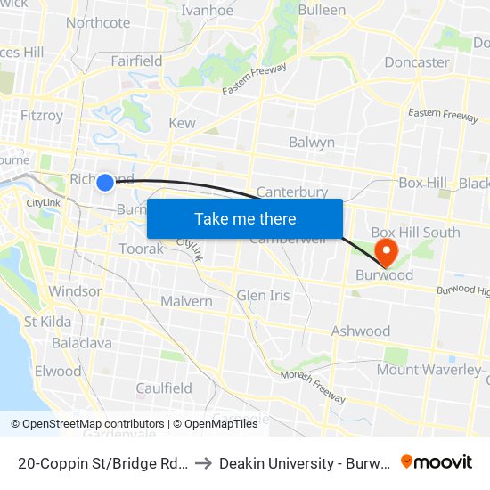 20-Coppin St/Bridge Rd (Richmond) to Deakin University - Burwood Campus map