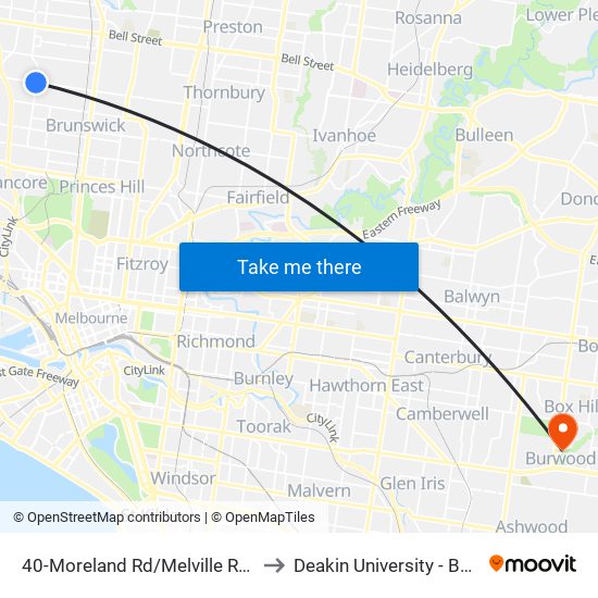 40-Moreland Rd/Melville Rd (Brunswick West) to Deakin University - Burwood Campus map