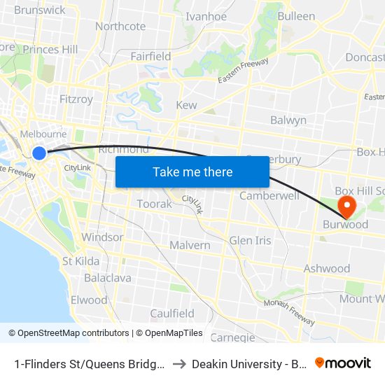 1-Flinders St/Queens Bridge St (Melbourne City) to Deakin University - Burwood Campus map