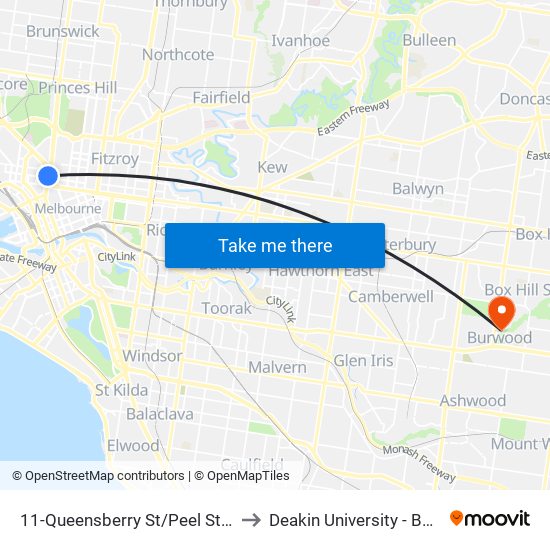 11-Queensberry St/Peel St (North Melbourne) to Deakin University - Burwood Campus map