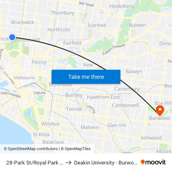 28-Park St/Royal Park (Parkville) to Deakin University - Burwood Campus map