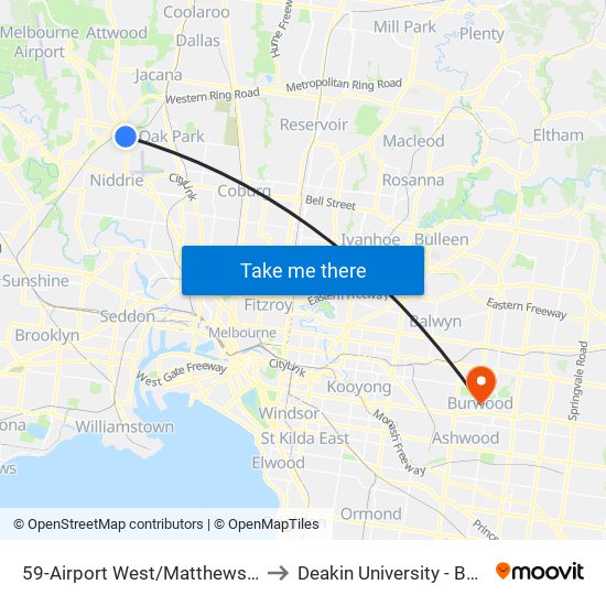 59-Airport West/Matthews Ave (Airport West) to Deakin University - Burwood Campus map