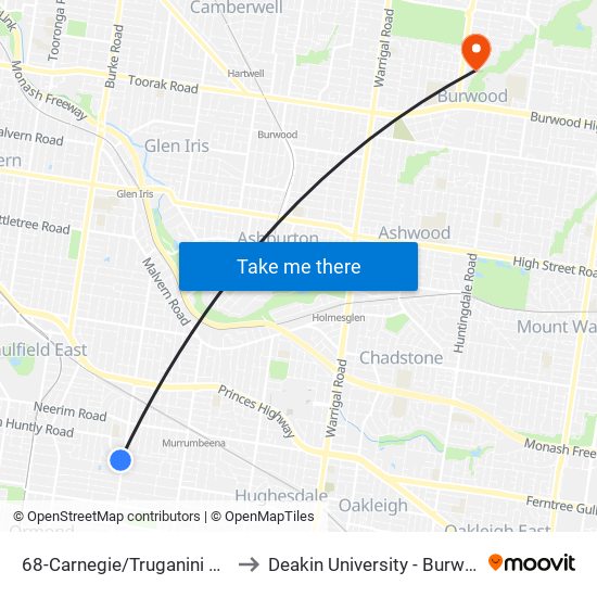 68-Carnegie/Truganini Rd (Carnegie) to Deakin University - Burwood Campus map