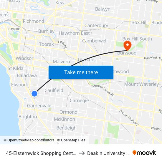 45-Elsternwick Shopping Centre/Glenhuntly Rd (Elsternwick) to Deakin University - Burwood Campus map