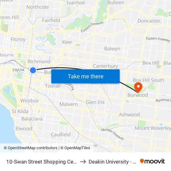 10-Swan Street Shopping Centre/Swan St (Richmond) to Deakin University - Burwood Campus map