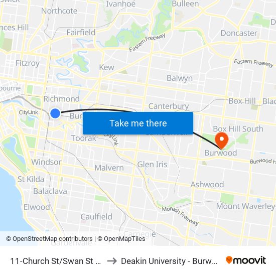 11-Church St/Swan St (Richmond) to Deakin University - Burwood Campus map