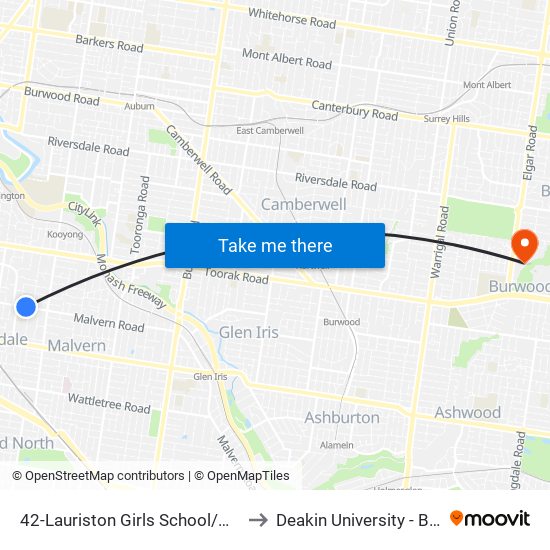 42-Lauriston Girls School/Malvern Rd (Armadale) to Deakin University - Burwood Campus map