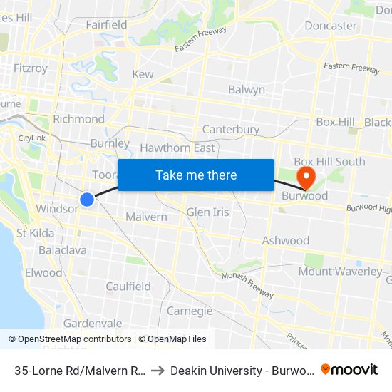 35-Lorne Rd/Malvern Rd (Toorak) to Deakin University - Burwood Campus map