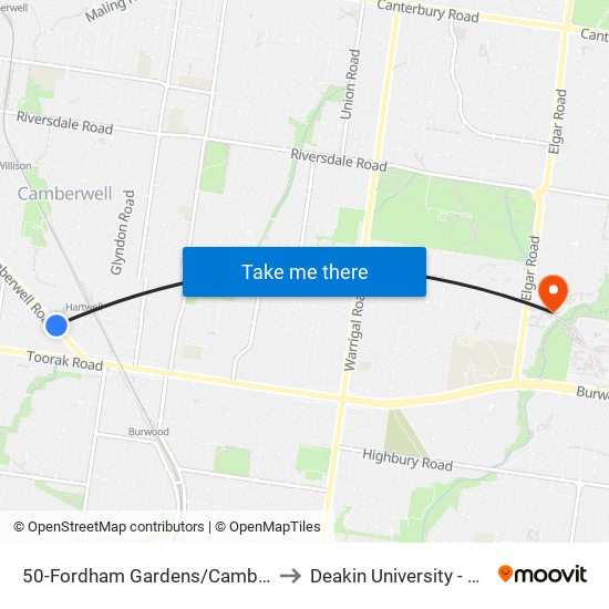 50-Fordham Gardens/Camberwell Rd (Camberwell) to Deakin University - Burwood Campus map