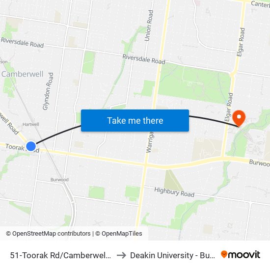 51-Toorak Rd/Camberwell Rd (Camberwell) to Deakin University - Burwood Campus map