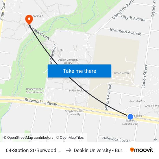 64-Station St/Burwood Hwy (Burwood) to Deakin University - Burwood Campus map