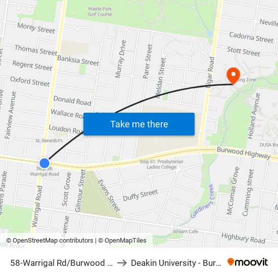 58-Warrigal Rd/Burwood Hwy (Burwood) to Deakin University - Burwood Campus map