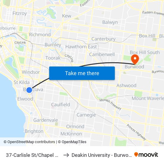 37-Carlisle St/Chapel St (St Kilda) to Deakin University - Burwood Campus map