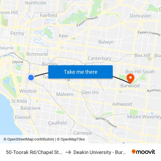 50-Toorak Rd/Chapel St (South Yarra) to Deakin University - Burwood Campus map