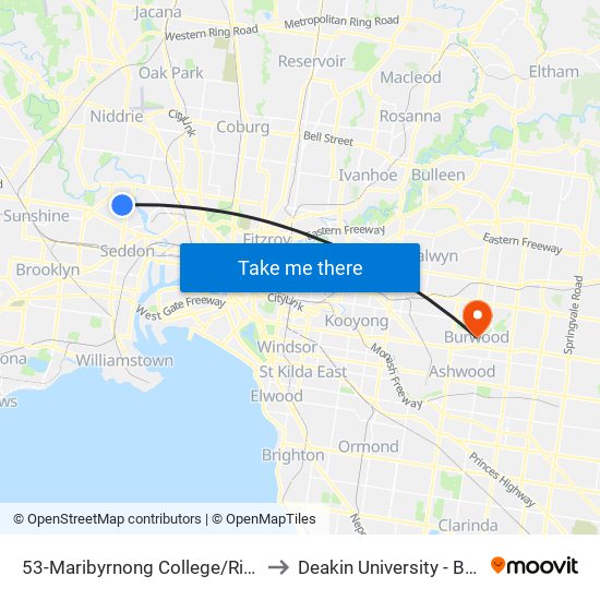 53-Maribyrnong College/River St (Maribyrnong) to Deakin University - Burwood Campus map