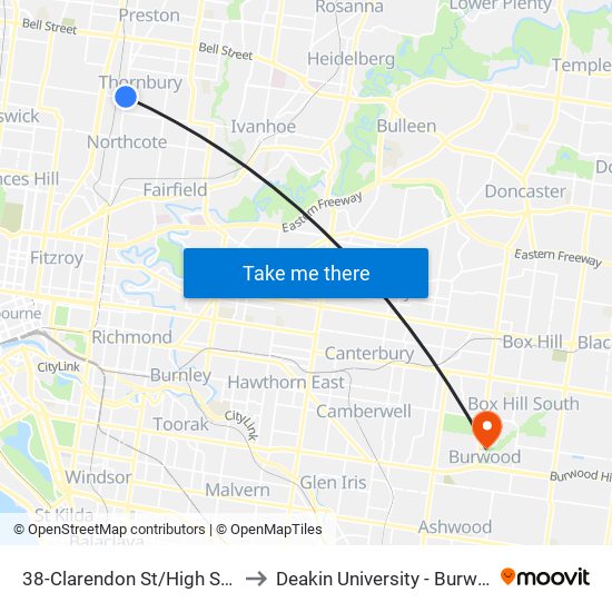 38-Clarendon St/High St (Thornbury) to Deakin University - Burwood Campus map