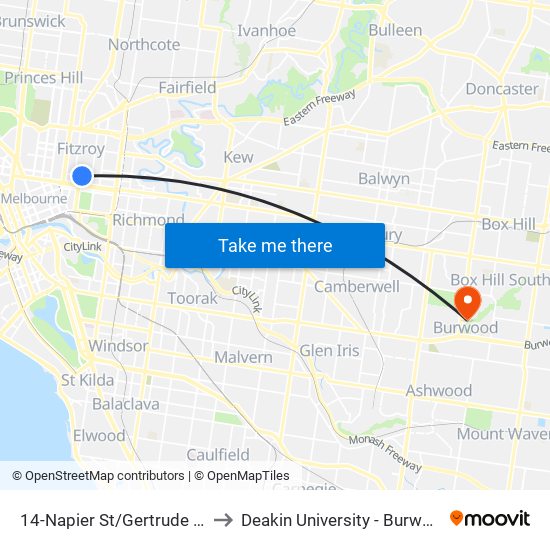 14-Napier St/Gertrude St (Fitzroy) to Deakin University - Burwood Campus map