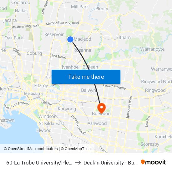 60-La Trobe University/Plenty Rd (Bundoora) to Deakin University - Burwood Campus map