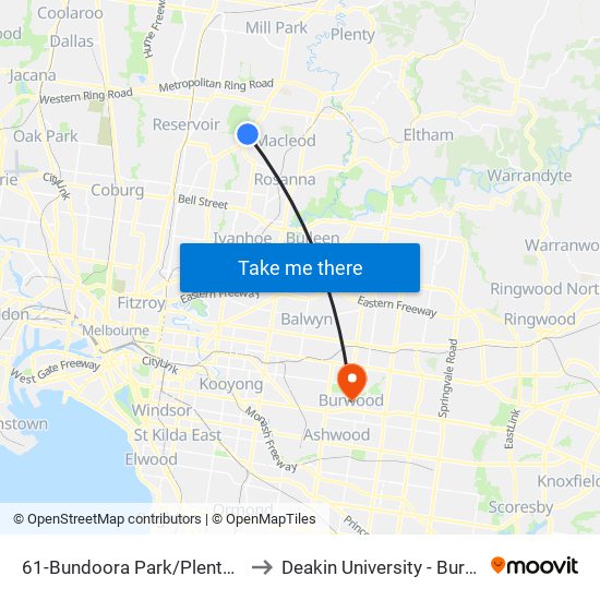 61-Bundoora Park/Plenty Rd (Bundoora) to Deakin University - Burwood Campus map