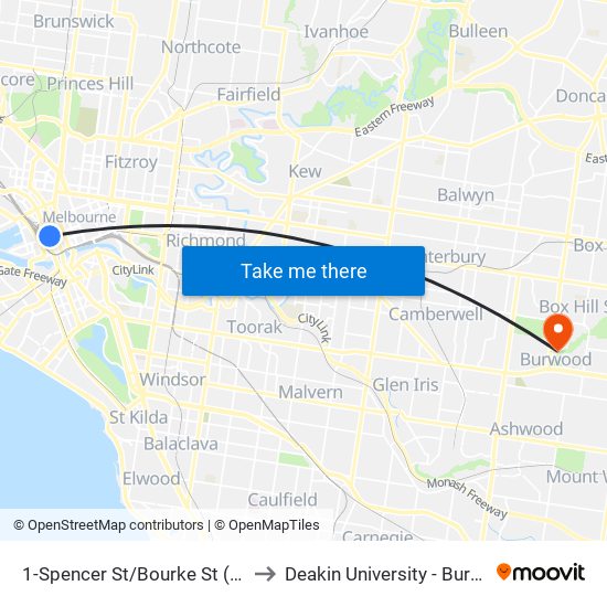 1-Spencer St/Bourke St (Melbourne City) to Deakin University - Burwood Campus map