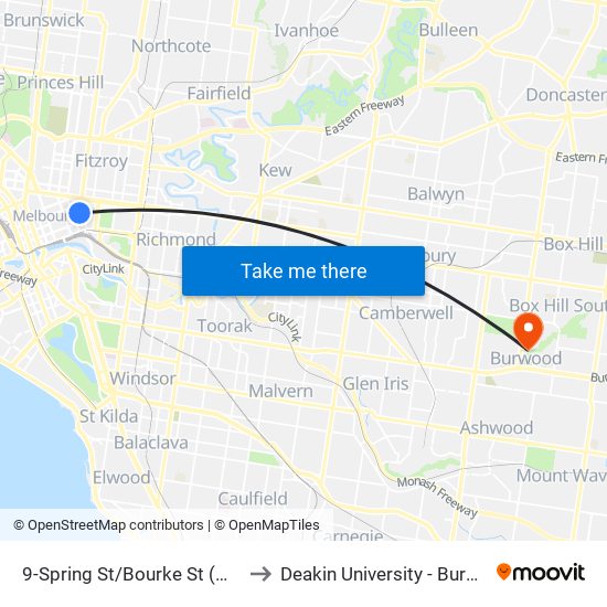 9-Spring St/Bourke St (Melbourne City) to Deakin University - Burwood Campus map