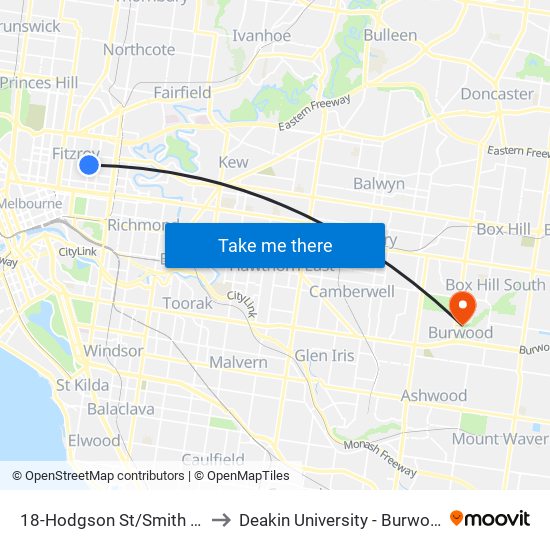 18-Hodgson St/Smith St (Fitzroy) to Deakin University - Burwood Campus map