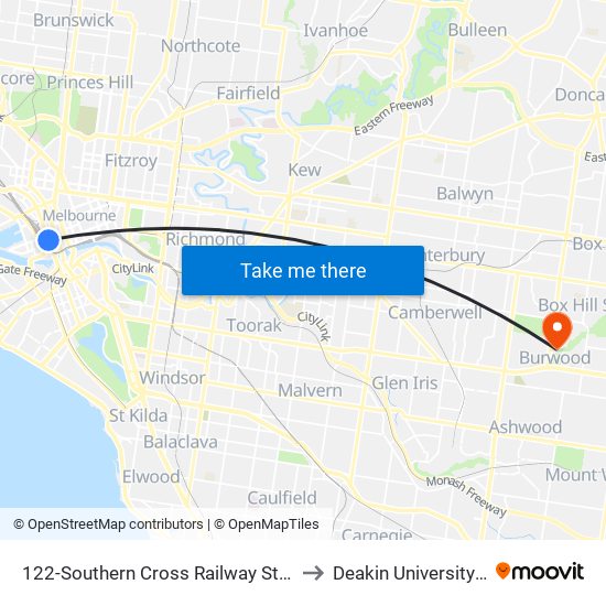 122-Southern Cross Railway Station/Spencer St (Melbourne City) to Deakin University - Burwood Campus map