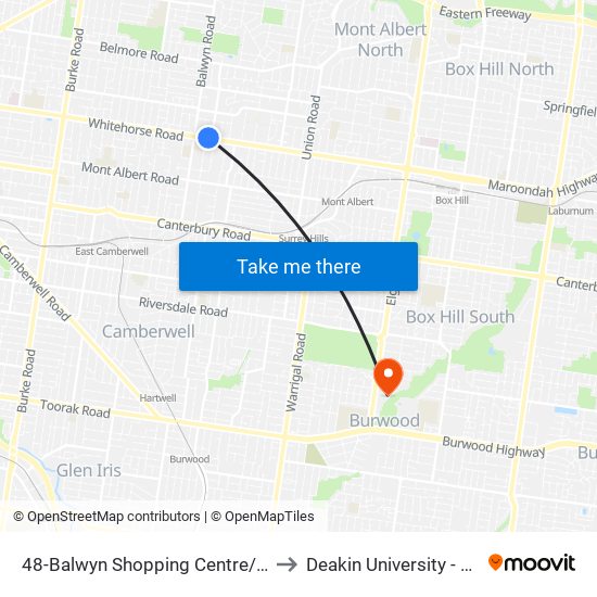 48-Balwyn Shopping Centre/Whitehorse Rd (Balwyn) to Deakin University - Burwood Campus map