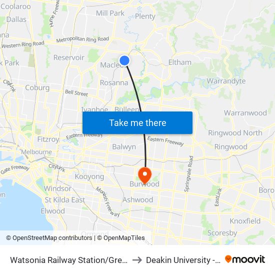 Watsonia Railway Station/Greensborough Hwy (Watsonia) to Deakin University - Burwood Campus map