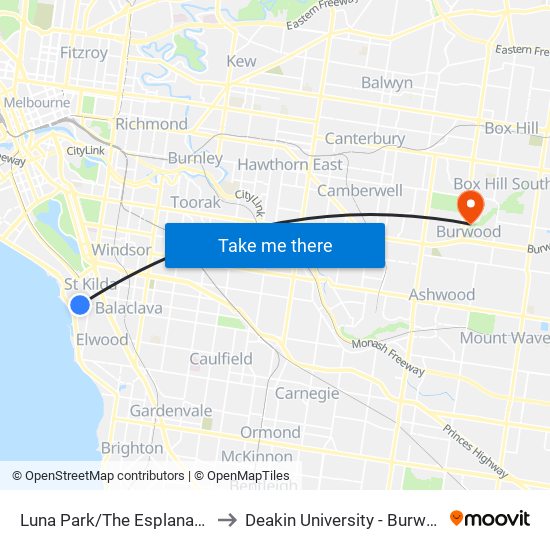 Luna Park/The Esplanade (St Kilda) to Deakin University - Burwood Campus map