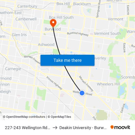 227-243 Wellington Rd (Mulgrave) to Deakin University - Burwood Campus map