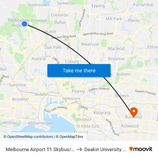 Melbourne Airport T1 Skybus/Arrival Dr (Melbourne Airport) to Deakin University - Burwood Campus map