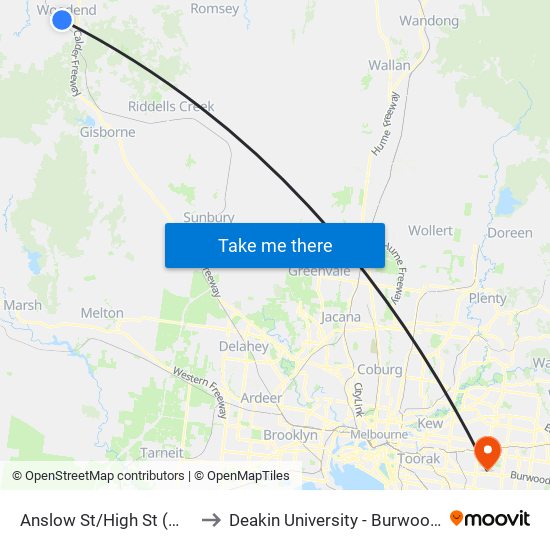 Anslow St/High St (Woodend) to Deakin University - Burwood Campus map