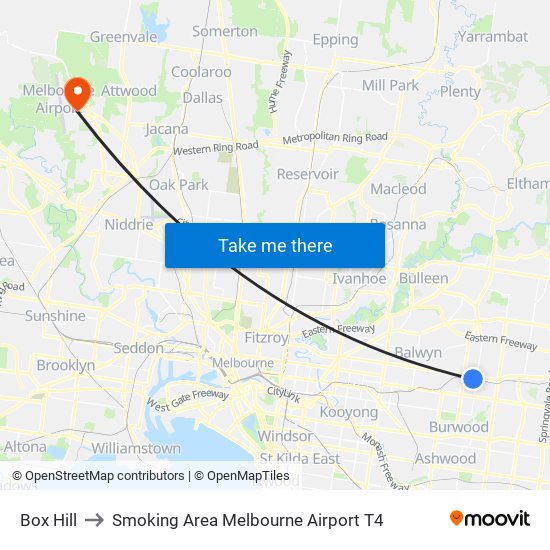 Box Hill to Smoking Area Melbourne Airport T4 map