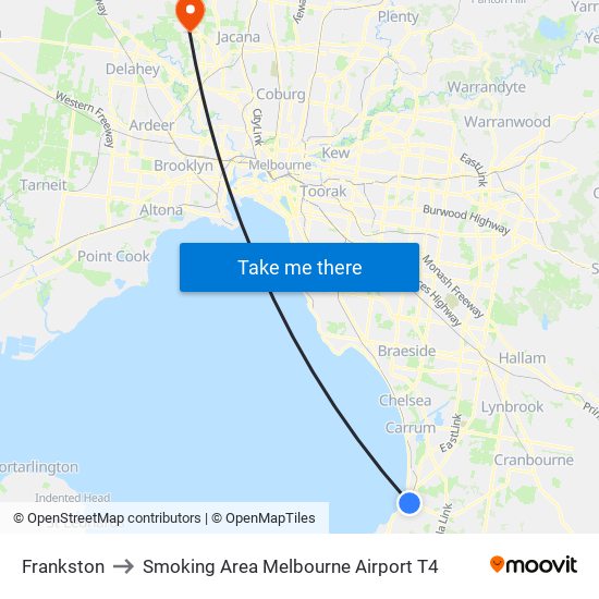 Frankston to Smoking Area Melbourne Airport T4 map