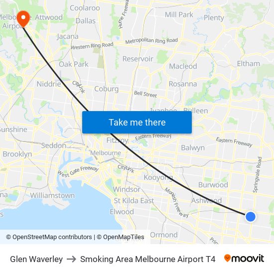 Glen Waverley to Smoking Area Melbourne Airport T4 map