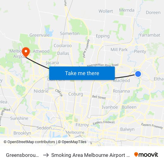 Greensborough to Smoking Area Melbourne Airport T4 map