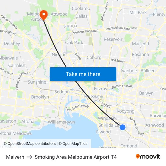 Malvern to Smoking Area Melbourne Airport T4 map
