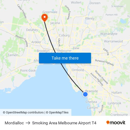 Mordialloc to Smoking Area Melbourne Airport T4 map