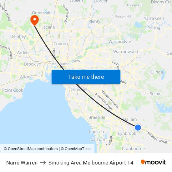 Narre Warren to Smoking Area Melbourne Airport T4 map