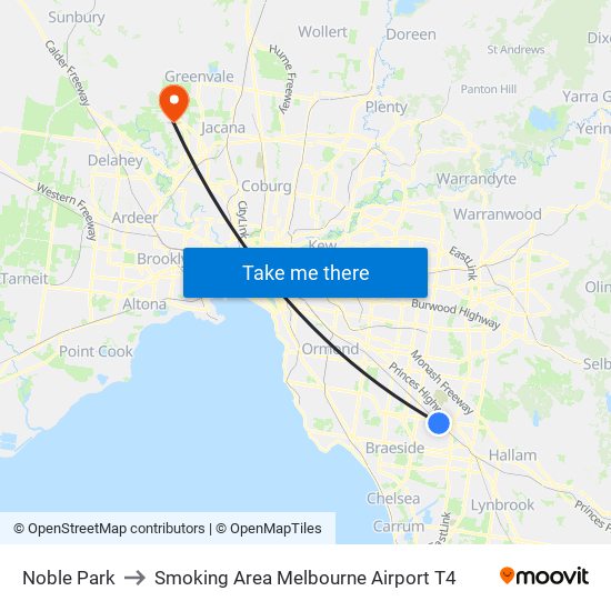 Noble Park to Smoking Area Melbourne Airport T4 map