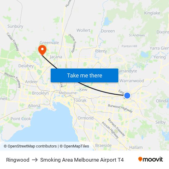 Ringwood to Smoking Area Melbourne Airport T4 map