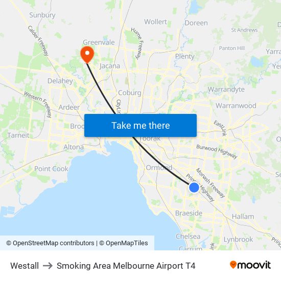 Westall to Smoking Area Melbourne Airport T4 map