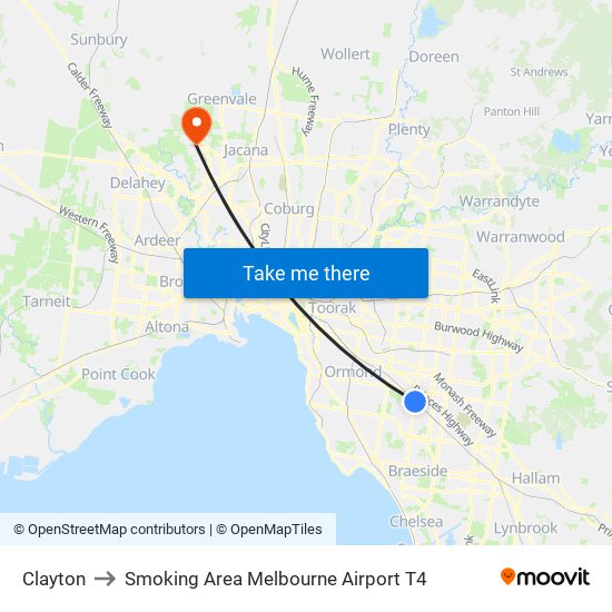 Clayton to Smoking Area Melbourne Airport T4 map