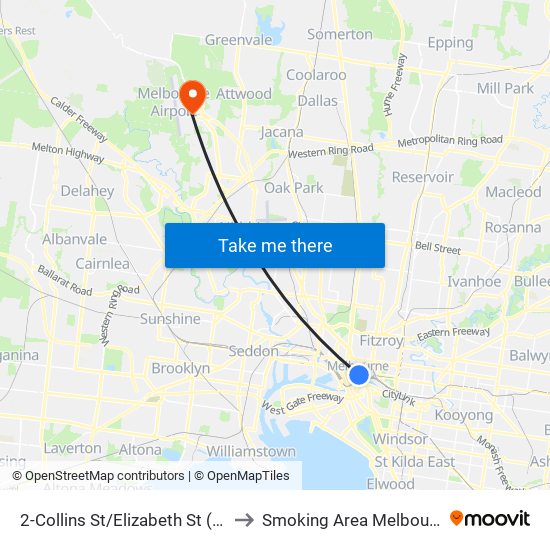 2-Collins St/Elizabeth St (Melbourne City) to Smoking Area Melbourne Airport T4 map