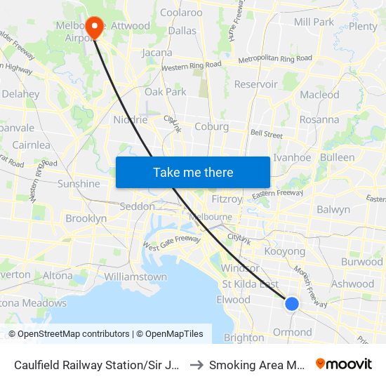 Caulfield Railway Station/Sir John Monash Dr (Caulfield East) to Smoking Area Melbourne Airport T4 map