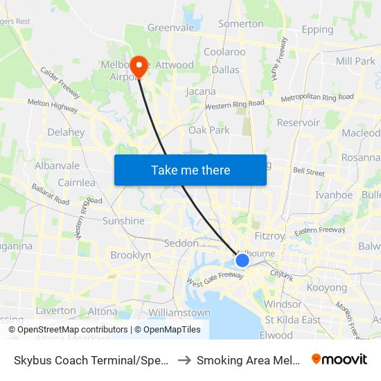 Skybus Coach Terminal/Spencer St (Melbourne City) to Smoking Area Melbourne Airport T4 map