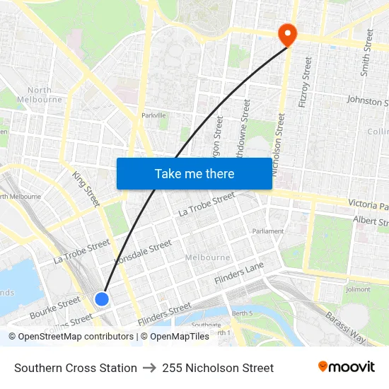 Southern Cross Station to 255 Nicholson Street map
