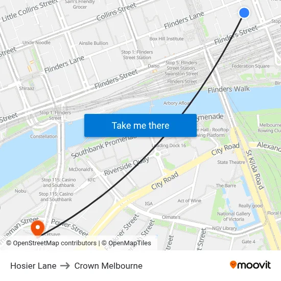 Hosier Lane to Crown Melbourne map